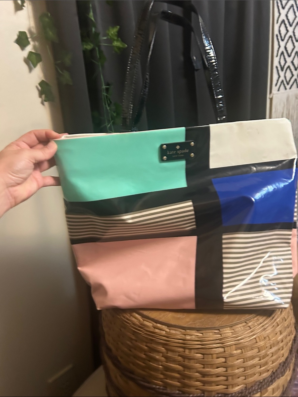 kate spade Patent Colorblock Tote in Mint, Pink, Blue & Black
